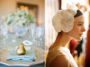 Golden Pear Escort Card Jennifer Behr’s silk Double Poppy with Veiling
