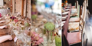Rustic Artichoke Centerpieces Mixed match fabric seat cushions by Jenny DeMarco