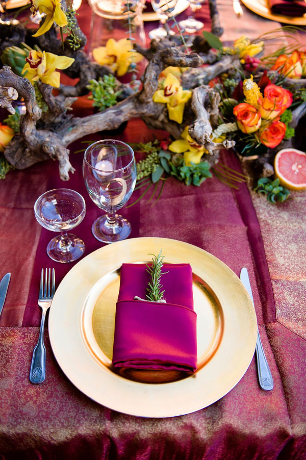 California Mission Style Wedding Al Fresco Set In Deep Berry Tones With Citrus Twist & Pomegranate Earthiness
