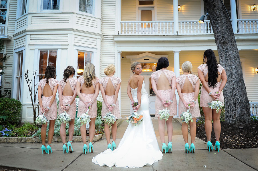 Turquoise and Pale Pink Bridesmaid Dresses.