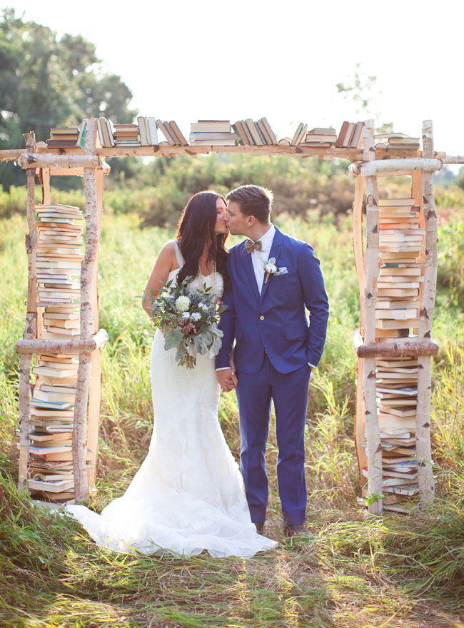 Why It Works Wednesday: Whimsical Birchwood Ceremony Arbor Filled With Vintage Volumes