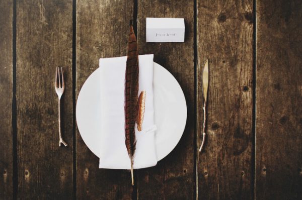 Natural Place Setting Raw Wood Feathers Twig Silverware Nick Radford via Green Wedding Shoes