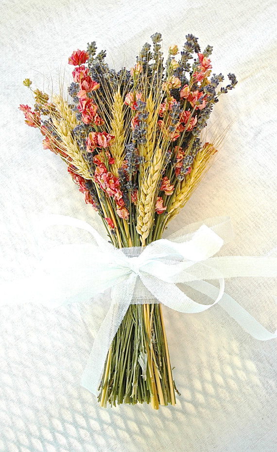 Golden Summer Fall Wedding Bridesmaid Bouquet of Lavender Coral Peach Larkspur and Wheat