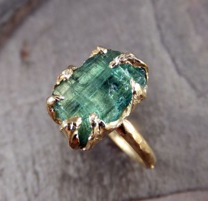 Raw Sea Green Tourmaline Gold Ring Rough Uncut Gemstone