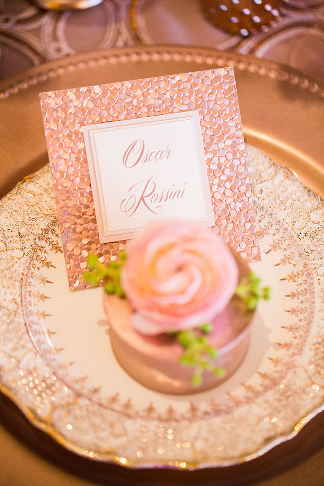 Sparkling Rose Gold Glamour Wedding Featuring A Dreamy Place Setting & Confetti Wedding Cake